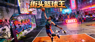 体育竞技游戏《街头篮球王》比赛场景，玩家正在进行扣篮