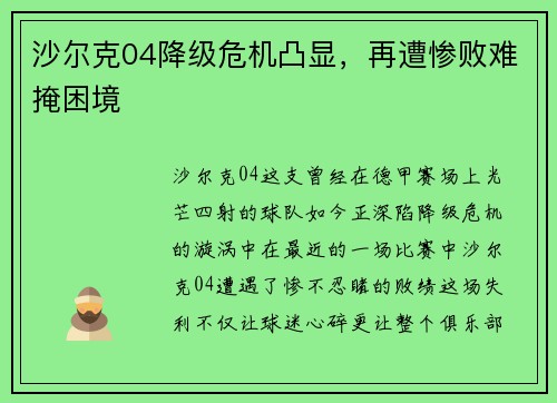 沙尔克04降级危机凸显，再遭惨败难掩困境